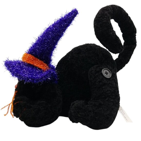 Halloween Black Cat Plush With Purple & Orange Witch Hat Posable Tail - Picture 12 of 16